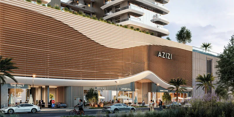 Render of the ground-floor shops and cafes below the timber-clad podium