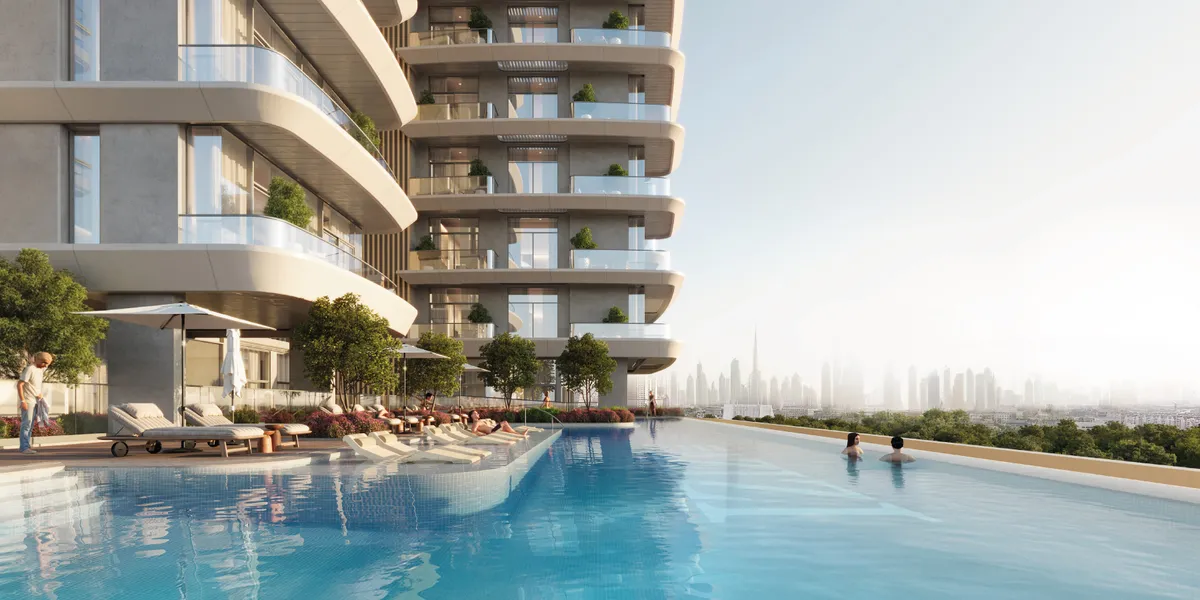 Render of the podium swimming pool with the Downtown Dubai skyline in the distance