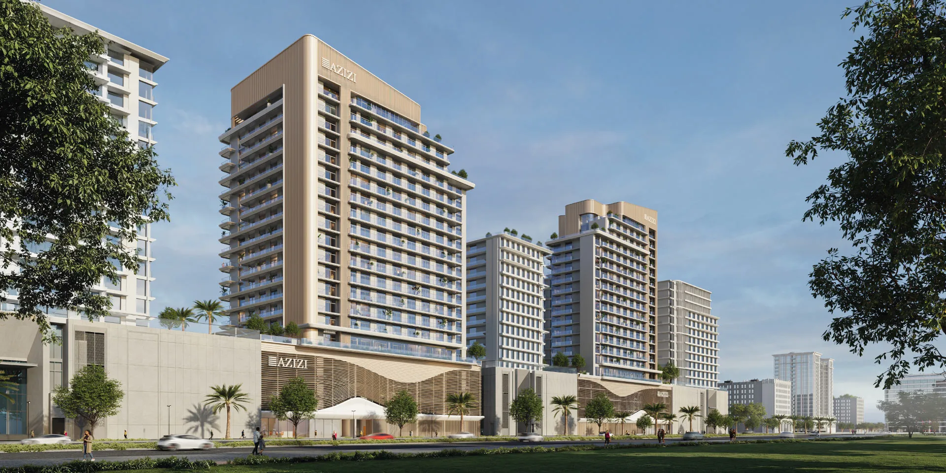 Render of Azizi's residential towers in Al Jaddaf by day, above a retail podium