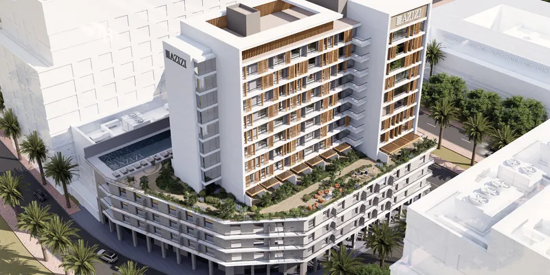 Aerial render of Azizi Lina showing the pool and planted deck on the podium roof