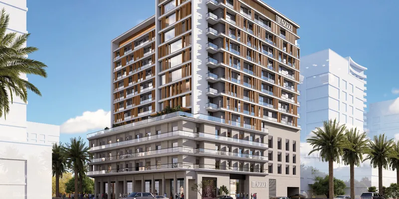 Render of Azizi Lina from the corner, with timber-coloured screens on the upper floors