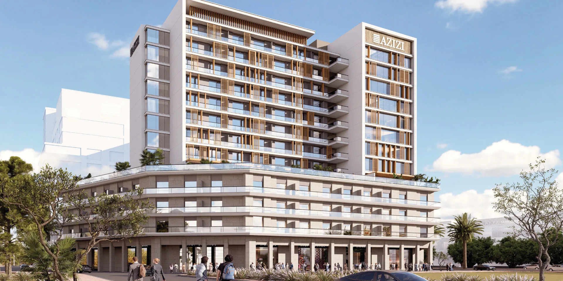 Render of the Azizi Lina apartment building in Downtown Jebel Ali with shops along the street