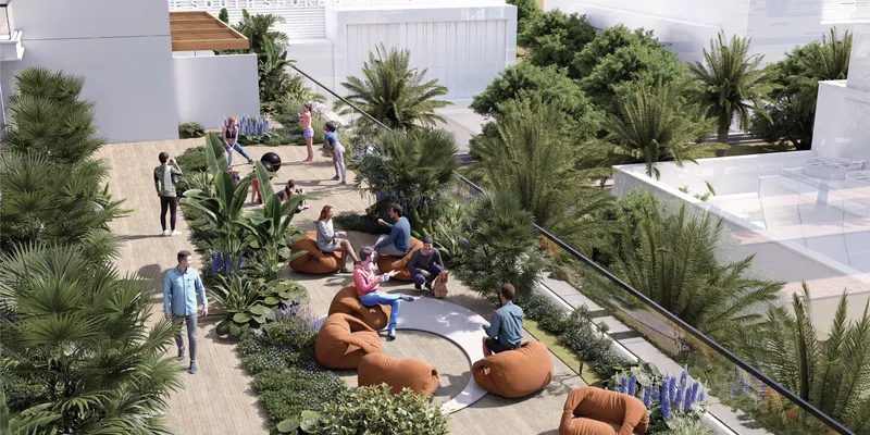 Render of the planted podium garden at Azizi Lina with seating