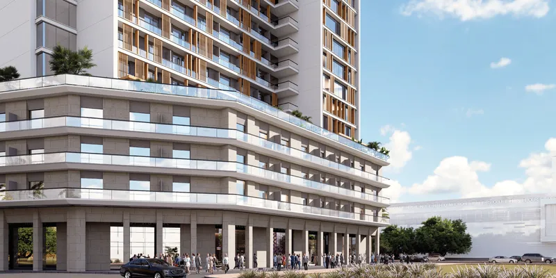 Render of the curved podium of Azizi Lina with shops on the ground floor
