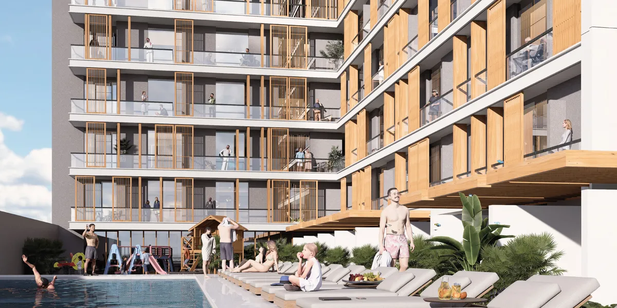 Render of the swimming pool and sun loungers at Azizi Lina, below the apartment balconies