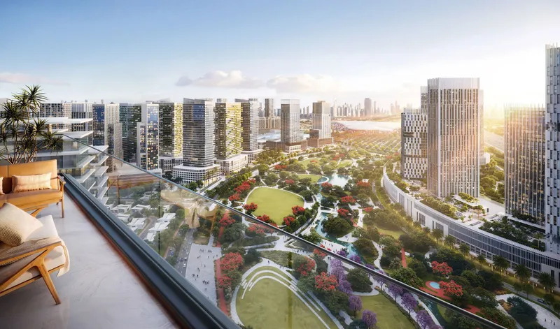 Render of the view from a balcony over the Azizi Milan community park and towers