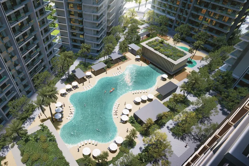 Aerial render of the podium at Azizi Milan Heights, with the lagoon pool, cabanas and landscaped gardens between the towers