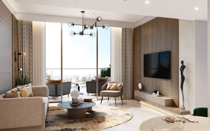 Interior render of a living room in an Azizi Milan apartment with floor-to-ceiling windows