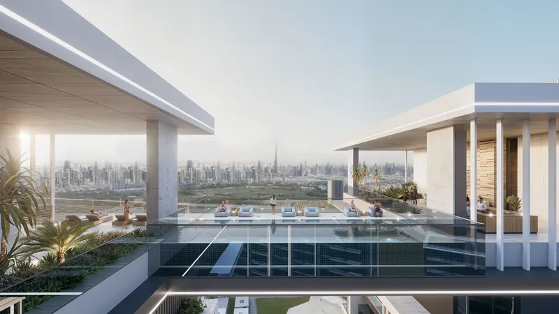 Render of a rooftop infinity pool at Azizi Milan Heights looking towards the Dubai skyline