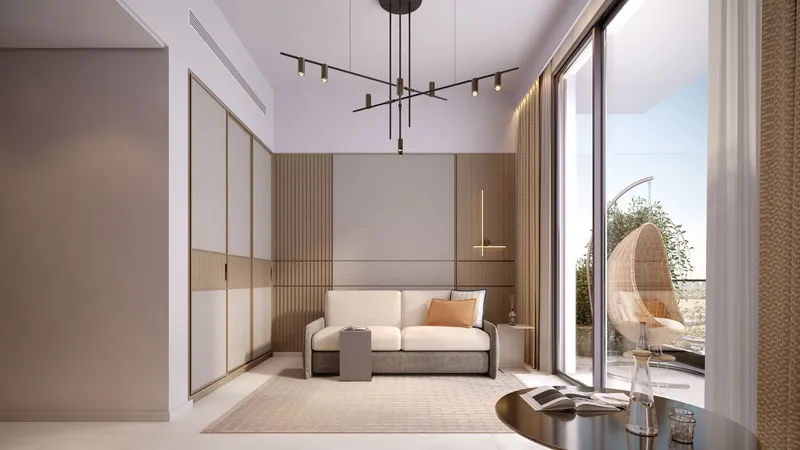 Interior render of a studio apartment with a sofa bed, fitted wardrobes and a balcony