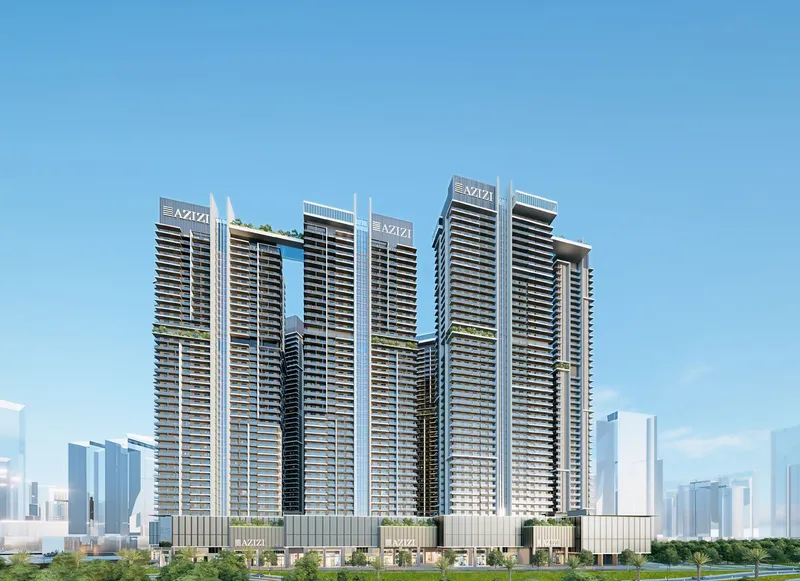 Render of the Azizi Milan Heights towers rising from a shared podium, with a sky bridge between two towers