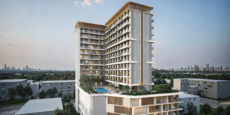 Aerial render of Azizi Noura with the pool deck on top of the podium