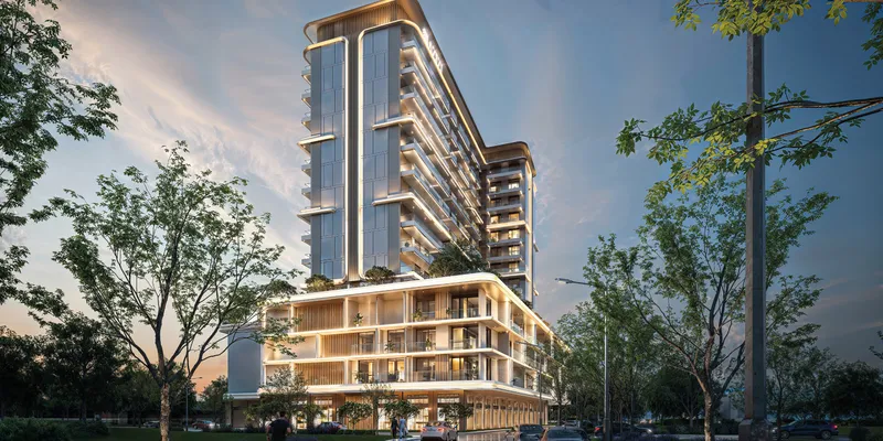 Render of Azizi Noura at dusk with the podium floors lit