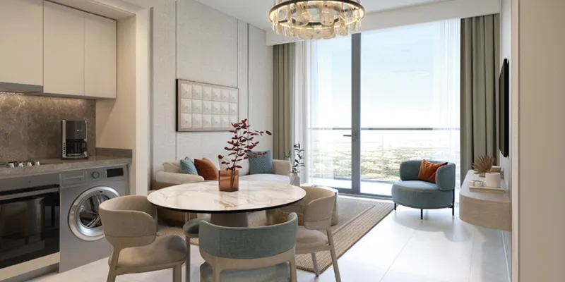 Render of an open kitchen, dining table and living area in an Azizi Noura apartment