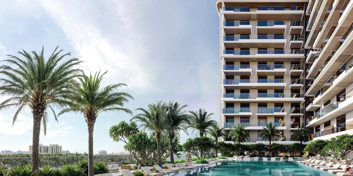 Render of the swimming pool at Azizi Noura with palm trees and sun loungers