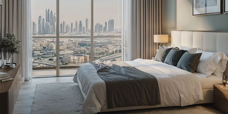 Render of a bedroom at Azizi Raffi with full-height windows