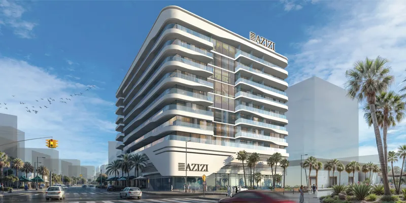 Render of the Azizi Raffi apartment building in Al Furjan by day, with curved white balconies