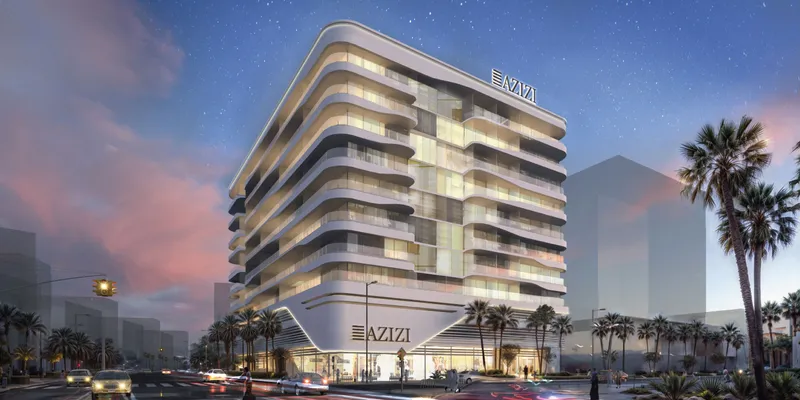 Render of Azizi Raffi lit at dusk, seen from the street corner