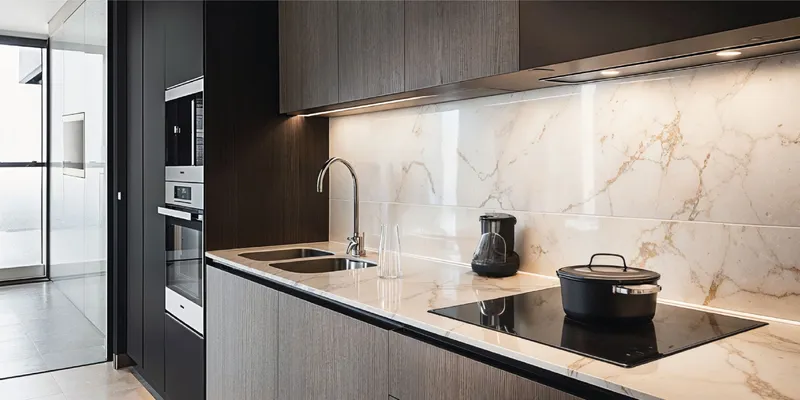 Render of a fitted kitchen with a stone worktop at Azizi Raffi