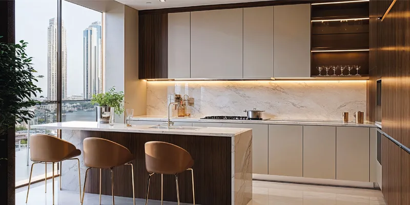 Render of a kitchen with an island and bar stools at Azizi Raffi