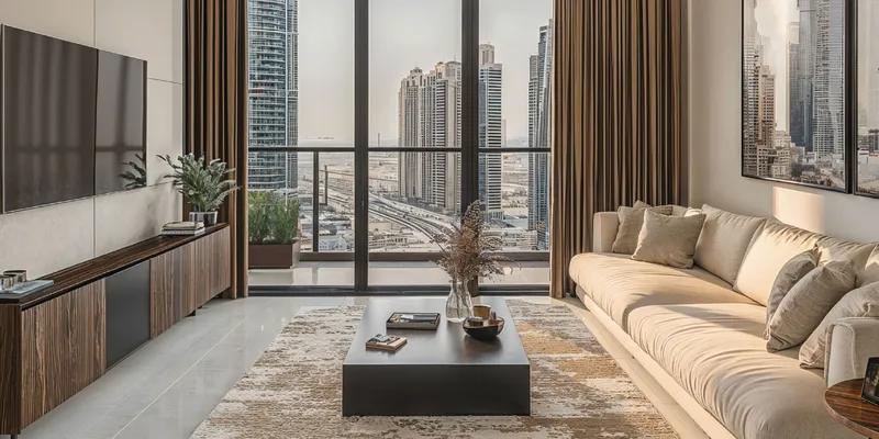 Render of a living room at Azizi Raffi with full-height windows and a balcony