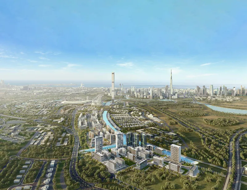 Aerial view of the Azizi Riviera community in Meydan with the Downtown Dubai skyline behind