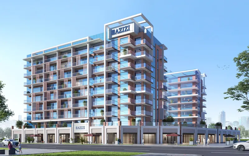 Azizi Riviera 60 apartment building with retail units along the street