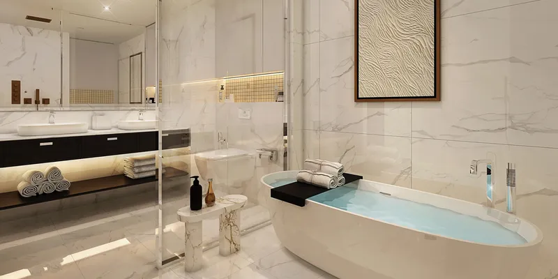 Render of a marble bathroom with a freestanding bath at Riviera Rêve