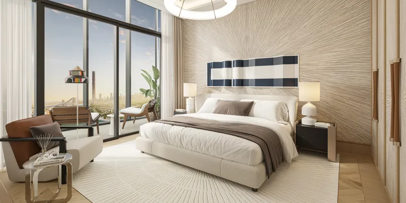 Render of a bedroom at Riviera Rêve opening onto a balcony