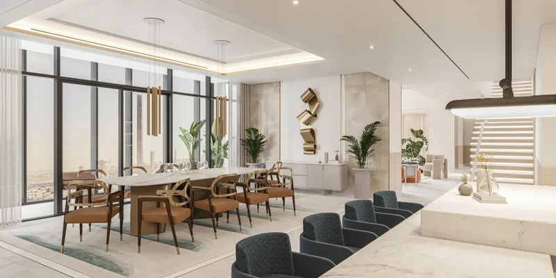 Render of a dining area with full-height windows at Riviera Rêve