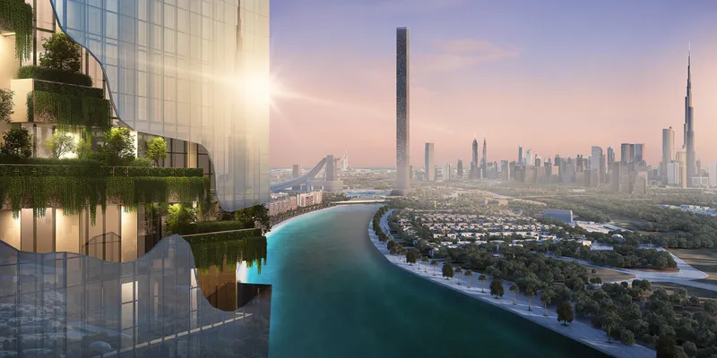 Render of the planted terraces on a Riviera Rêve tower above the lagoon