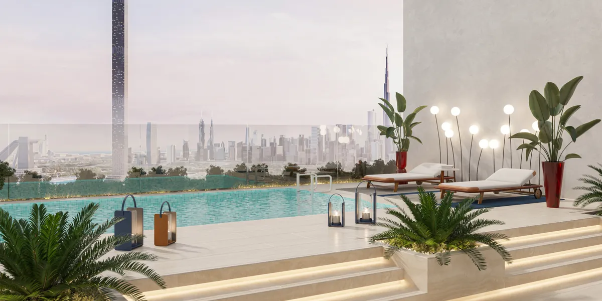 Render of the rooftop pool at Riviera Rêve looking towards Burj Khalifa