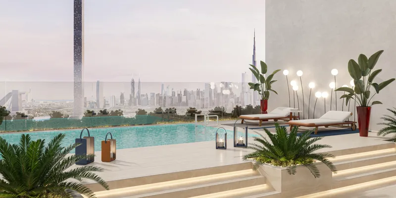 Render of the rooftop pool at Riviera Rêve looking towards Burj Khalifa