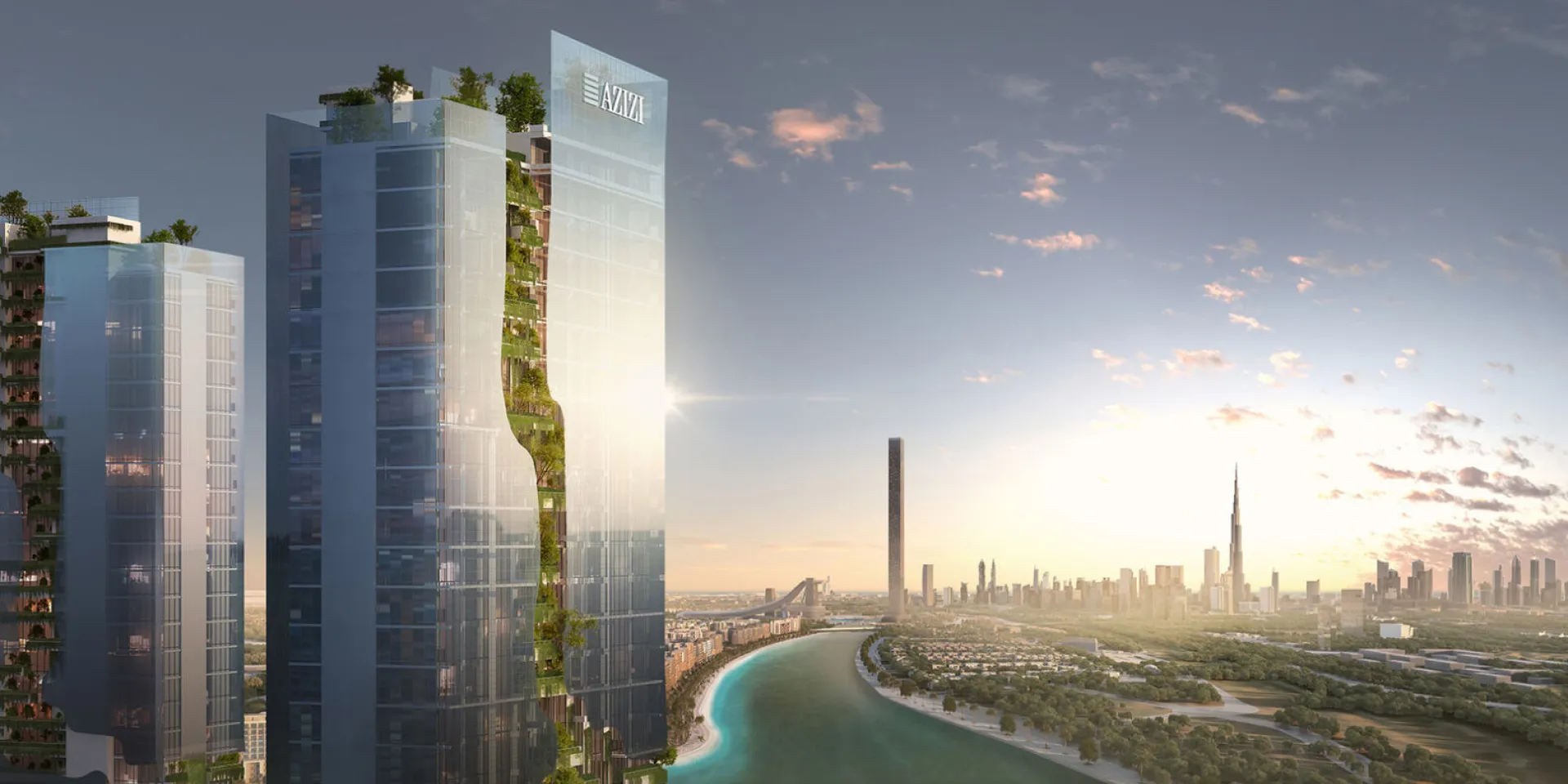Render of the Riviera Rêve towers beside the Azizi Riviera lagoon, with the Downtown Dubai skyline behind