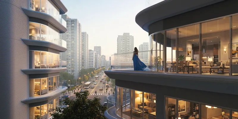 Render of a balcony at Azizi Rose looking along the street