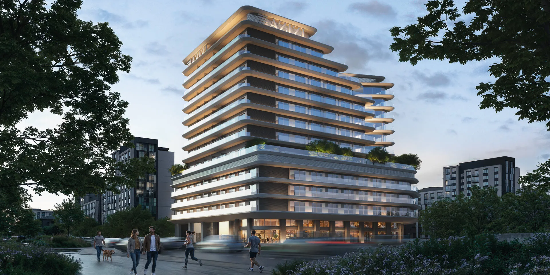Render of the Azizi Rose apartment building in Downtown Jebel Ali at dusk