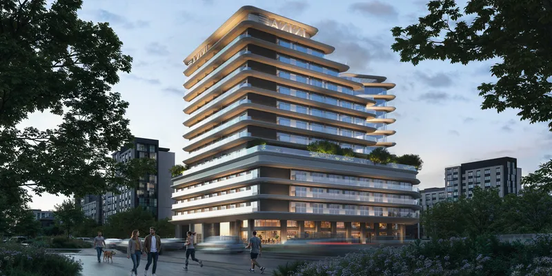 Render of the Azizi Rose apartment building in Downtown Jebel Ali at dusk