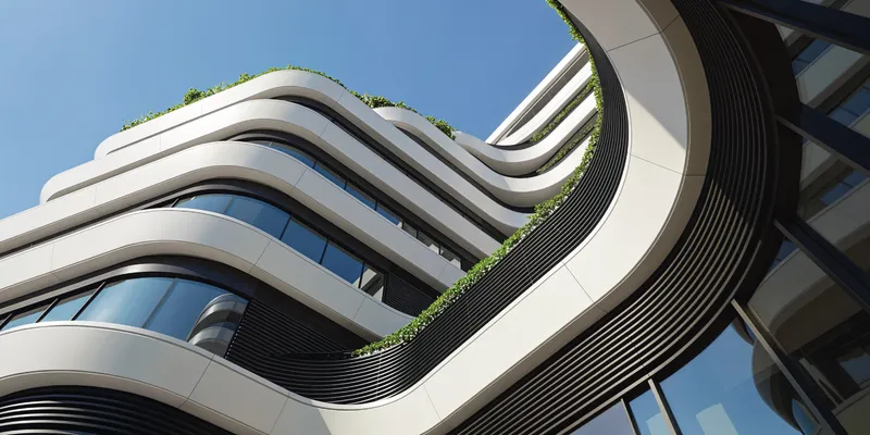 Render looking up at the curved, planted facade of Azizi Rose