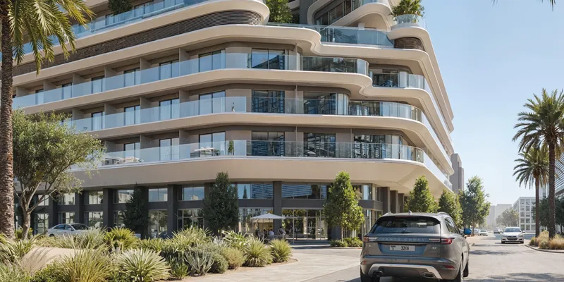 Render of the lower floors of Azizi Rose with landscaping along the street