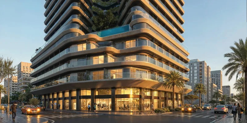 Render of the podium and curved balconies of Azizi Rose seen from the street