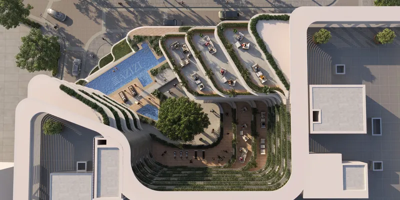 Aerial render of the pool deck and terraces at Azizi Rose