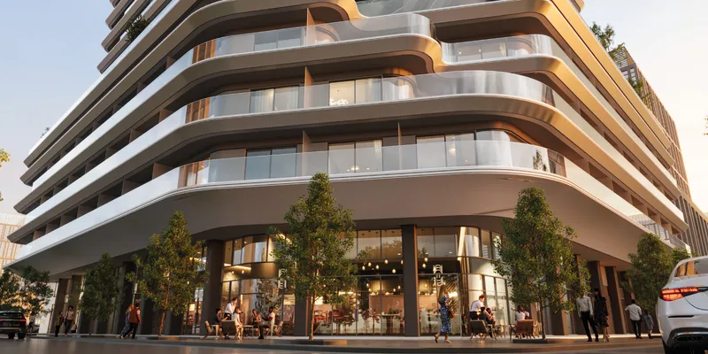 Render of the ground-floor shops and cafe seating at Azizi Rose