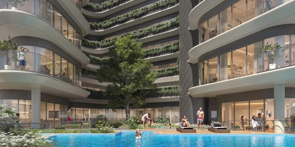 Render of the swimming pool at Azizi Rose, with planted terraces above