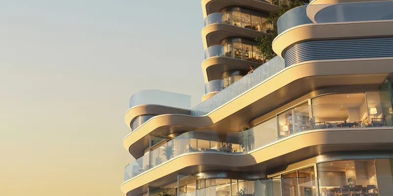 Render of the curved terraces of Azizi Rose at sunset