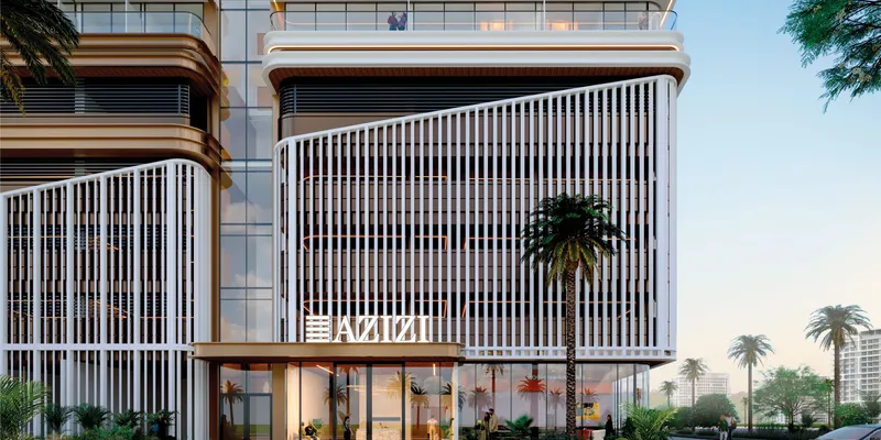 Render of the entrance and podium screens of Azizi Ruby