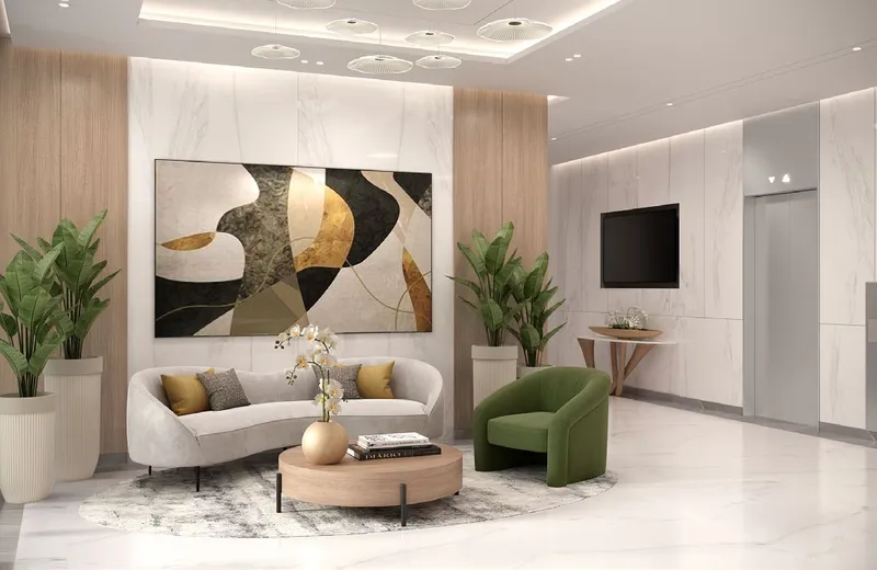 Render of the lobby lounge and lift area at Azizi Ruby