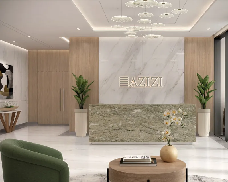 Render of the reception desk in the lobby of Azizi Ruby