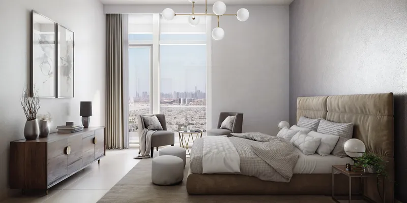 Render of a bedroom with full-height windows at Azizi Sikander