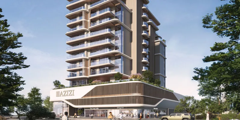 Render of the Azizi Sikander apartment building in Al Furjan, with shops in the podium