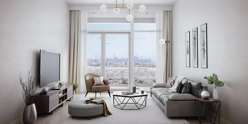 Render of a living room with a balcony at Azizi Sikander